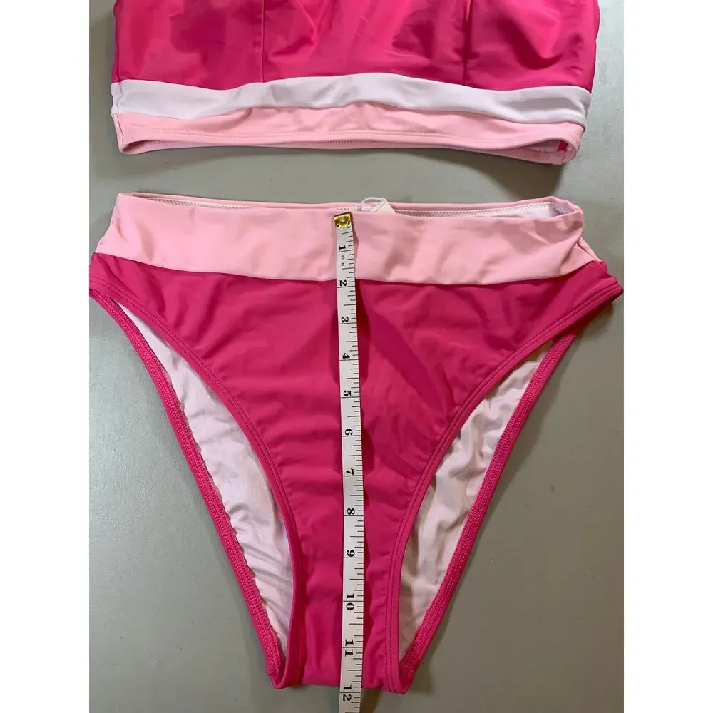 NWT Cupshe Pink Colorblock Sporty Bikini with High Rise Bottoms - Picture 4 of 9